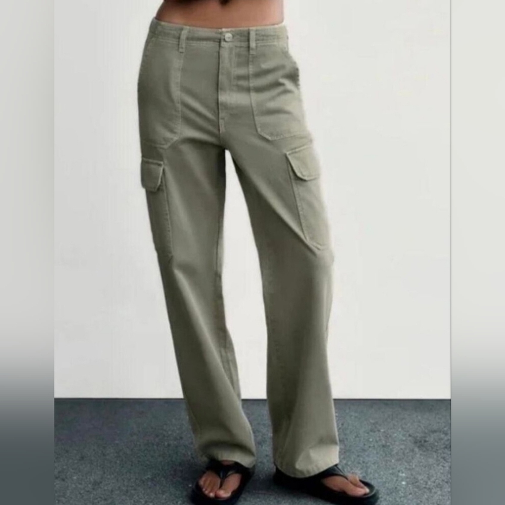 Zara taupe khaki wide leg high-rise cargo jeans